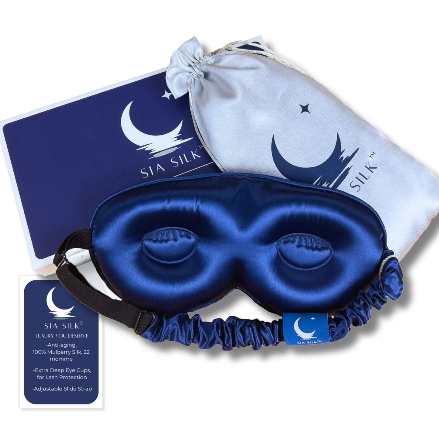 Sia Silk® Sleep Mask with extra deep eye cups for long lashes - NavyThis luxurious silk eye mask from Sia Silk® provides total blackout and ultimate comfort for beauty sleep. Crafted from the finest 100% mulberry anti-aging silk withSleep MaskMy StoreSia SilkSia Silk® Sleep Mask