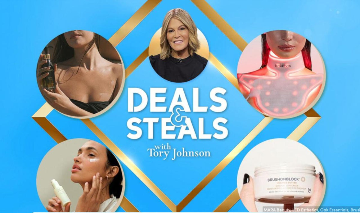 Promotional graphic for 'Deals & Steals with Tory Johnson' featuring images of people and skincare products on a blue background.